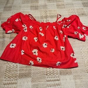 Universal Thread Off Shoulder Crop Puff Floral Sleeve Shirt